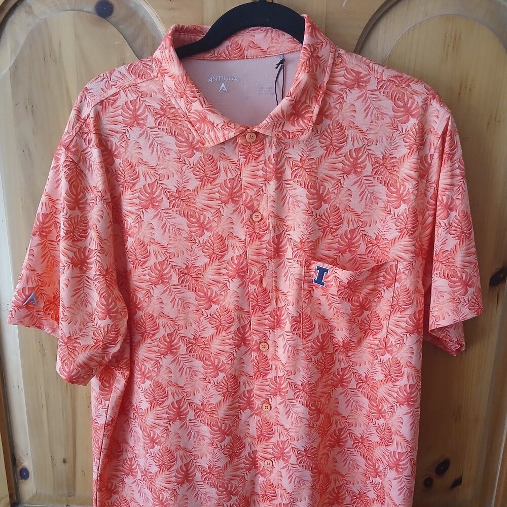 Antigua Camp Shirt Large Short Sleeve Button Up Illinois Fighting Illini NWT